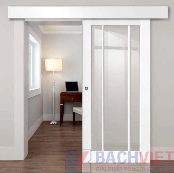 Mẫu cửa gỗ cánh lùa màu trắng khung gỗ kính cho phòng ngủ đẹp