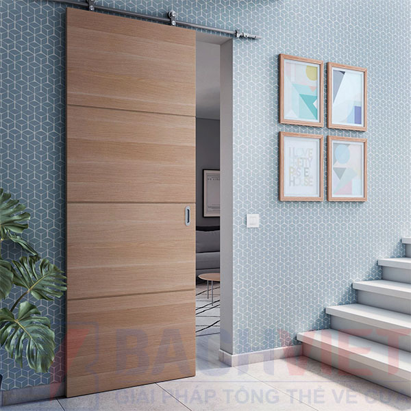 Hình ảnh cửa lùa gỗ công nghiệp ray trượt treo trên tường